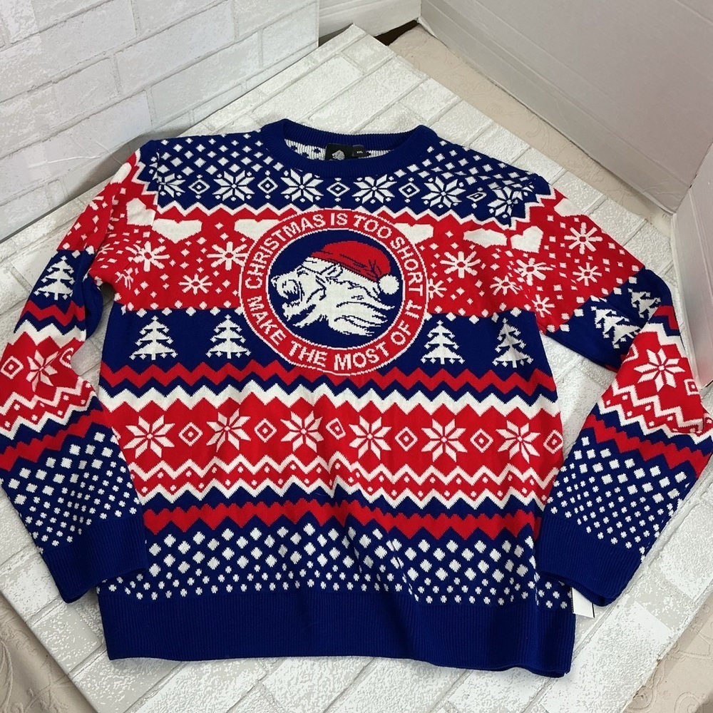 Festive Blue and Red Christmas Sweater